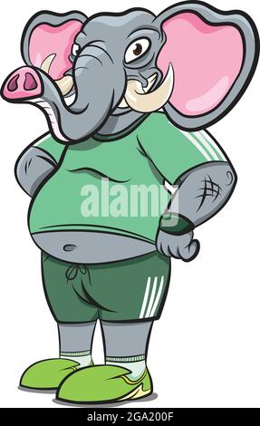 Anthropomorphe Tiere. Elefant trägt menschliche Laufbahnkleidung. Cool Elephant Charakter Fitness-Freak geht ins Fitnessstudio. Anthropomorphismus. Tiere D Stock Vektor