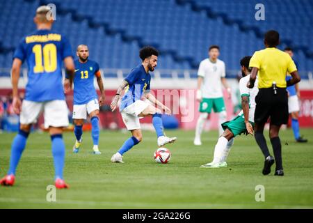 28. Juli 2021, Saitama, Japan: CLAUDINHO (20) von Brasilien im Saitama-Stadion bei einem Männer-Spiel der Gruppe D zwischen Saudi-Arabien und Brasilien für die Olympischen Spiele in Tokio 2020. Brasilien gewann das Spiel mit 3:1. (Bild: © Rodrigo Reyes Marin/ZUMA Press Wire) Stockfoto