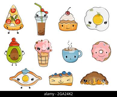 Süßes Kawaii Essen und Trinken. Vektorgrafik. Stock Vektor
