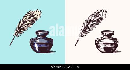 Tinte und Feder und Tintenfass im Vintage-Stil graviert. Retro-Vektor-Illustration für Holzschnitt oder Holzschnitt oder Druck. Von Hand gezeichnet. Stock Vektor