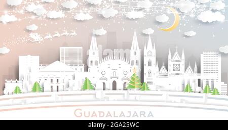 Guadalajara Skyline von Mexiko-Stadt im Paper Cut-Stil mit Schneeflocken, Mond und Neon Girlande. Vektorgrafik. Weihnachts- und Neujahrskonzept. Stock Vektor