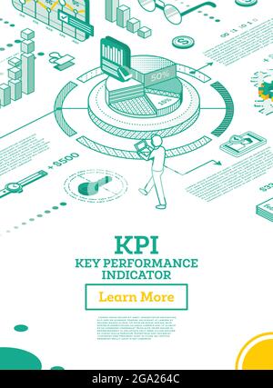 KPI Key Performance Indicator. Vektorgrafik. Isometrisches Konzept der Geschäftsleistungsstrategie und -Analyse. Infografik-Diagramme Skizzieren. Stock Vektor