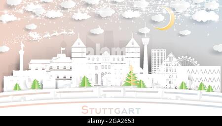 Stuttgart City Skyline in Paper Cut Style mit Schneeflocken, Mond und Neon Girlande. Vektorgrafik. Weihnachts- und Neujahrskonzept. Stock Vektor