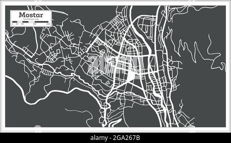 Stadtplan von Mostar Bosnien und Herzegowina in Schwarz-Weiß-Farbe im Retro-Stil. Übersichtskarte. Vektorgrafik. Stock Vektor