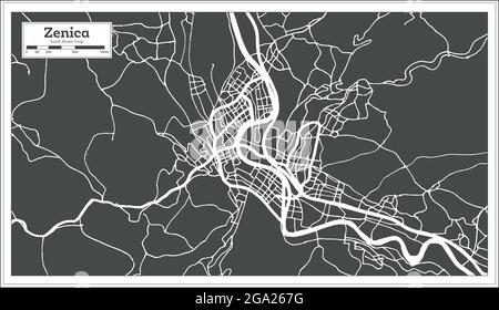 Stadtplan von Zenica Bosnien und Herzegowina in Schwarz-Weiß-Farbe im Retro-Stil. Übersichtskarte. Vektorgrafik. Stock Vektor