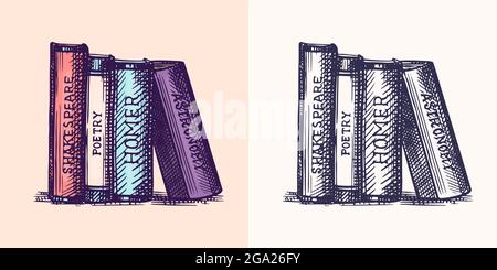 Altes Vintage-Buch für T-Shirt und Typografie, Antik-Ladenabzeichen. Schulbücher. Altmodisch. Handgezeichnete einfarbige Skizze mit Gravur. Stock Vektor