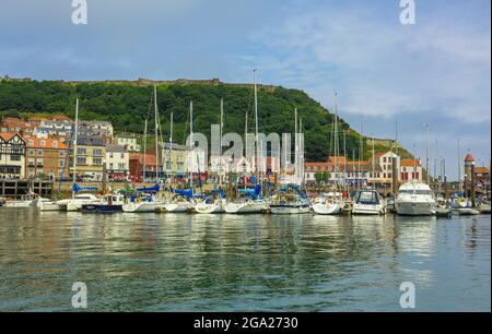 Scarborough, North Yorkshire, Großbritannien, Juli 10 2021. Scarborough Harbour im Sommer mit Yachten in ihren Anlegeplätzen und Scarborough Castle im Hinterland Stockfoto