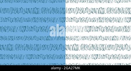 Gekritzelte Linie, abstrakte Grafik horizontal nahtloses Muster. Moderner Doodle, Handschriftimitation, schwarze Beerenfarbe. Blau, weiß, leicht bearbeitbar Stock Vektor
