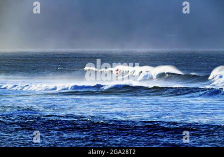 Windsurfen im Ho'okipa Beach Park in der Nähe von Paia; Maui, Hawaii, Vereinigte Staaten von Amerika Stockfoto