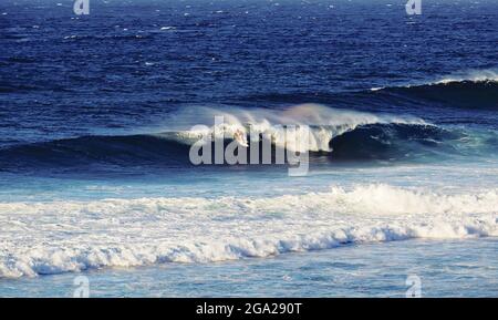 Im Ho'okipa Bach Park in der Nähe von Paia mit blauem Meer reiten einsame Surfer auf den Wellen, Maui, Hawaii, USA Stockfoto