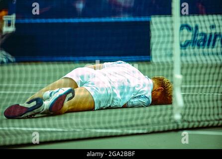 Boris Becker (GER) gewinnt die Meisterschaft bei den US Open Tennis 1989. Stockfoto