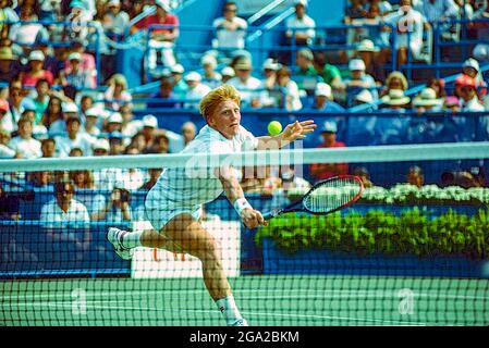 Boris Becker (GER) gewinnt die Meisterschaft bei den US Open Tennis 1989. Stockfoto