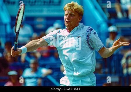 Boris Becker (GER) gewinnt die Meisterschaft bei den US Open Tennis 1989. Stockfoto