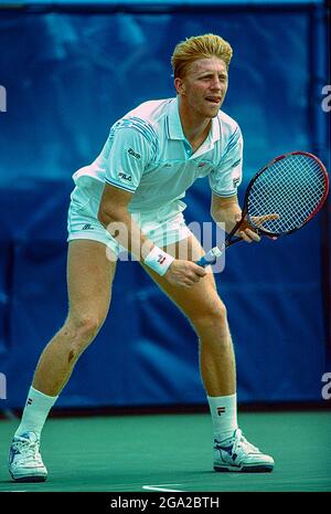 Boris Becker (GER) gewinnt die Meisterschaft bei den US Open Tennis 1989. Stockfoto