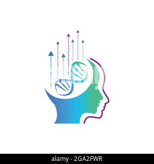 Vektorbild des menschlichen kognitiven Gehirns und des DNA-Logos. Logo für geistige und Bewusstseinsbildung und geistige Leistungsfähigkeit Stock Vektor