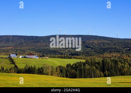 Gehöft am Hang mit grünen Feldern und Windturbinen auf den bewaldeten Hügeln der Notre Dame Mountains vor blauem Himmel Stockfoto