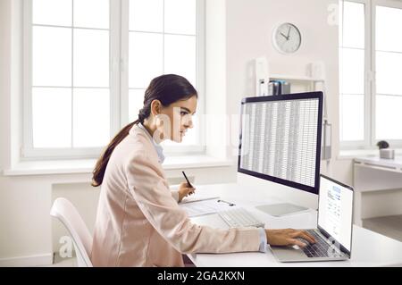 Geschäftsfrau, die in ihrem Büro auf einem Schreibtisch sitzt und an Desktop- und Laptop-Computern arbeitet Stockfoto