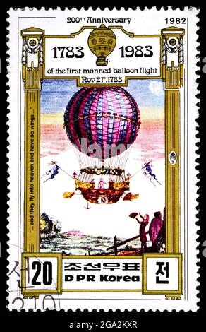 DPR, KOREA - UM 1982: Eine Briefmarke aus Korea, die den 200. Jahrestag des ersten bemannten Ballonfluges zeigt Stockfoto