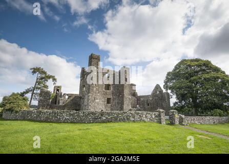 Bective Abbey, eine Zisterzienserabtei am Fluss Boyne mit Steinmauern rund um die Ruinen; Bective, County Meath, Irland Stockfoto