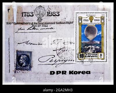 DPR, KOREA - UM 1982: Eine Briefmarke aus Korea, die den 200. Jahrestag des ersten bemannten Ballonfluges zeigt Stockfoto