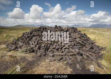 Rasen wurde in einem Haufen Torfziegel entlang der Bog Road (Bothar na Scrathog) in Connemara; Carraroe, County Galway, Irland, geschnitten und gestapelt Stockfoto