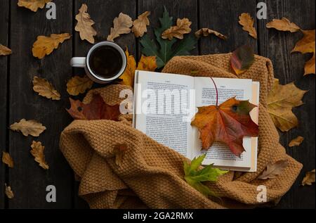 Gefallene Blätter, Kaffee und offenes Buch Flachlegen Foto. Herbst gemütliche Komposition auf Holzhintergrund. Tasse Kaffee, Buch und Laub. Rustikales, warmes, entspanntes Morgenkonzept Stockfoto