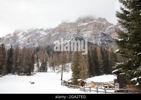 Winterszene mit Holzschuppen und Zaun am Fuße des Berges Sass de Stria im Schnee der Dolomiten; Provinz Belluno, Venetien, Italien Stockfoto