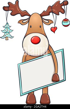 Niedlicher Weihnachtshirsch mit Postkarte und Dekorationen Stock Vektor