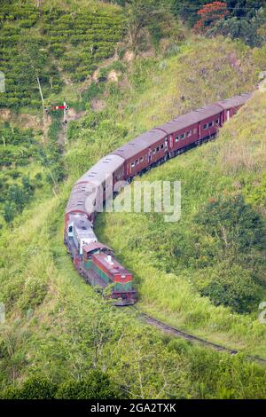 Hill Train auf der Demodara Loop im Hill Country; Demodara, Hill Country, Sri Lanka Stockfoto