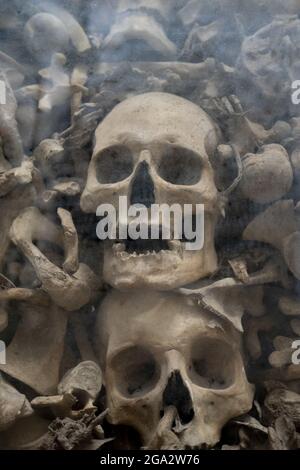 Nahaufnahme von menschlichen Knochen und Schädeln in eingehüllten Glaskrypten in der Kapelle der Märtyrer mit den Überresten der Otranto-Bürger-Märtyrer in der... Stockfoto