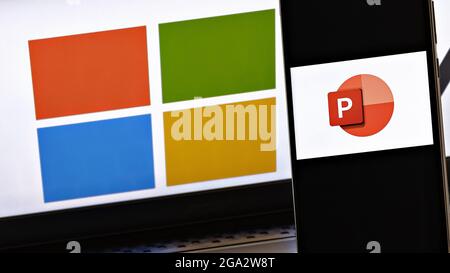 Editorial Foto auf Microsoft PowerPoint-Thema. Illustratives Foto für Nachrichten über Microsoft PowerPoint - ein Präsentationsprogramm von Microsoft Stockfoto