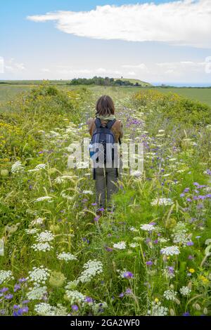 Blick von hinten auf eine Frau, die in einem Rucksack auf einer Wildblumenwiese steht und den Blick auf die Küste mit Torre Sant'Emiliano im ... Stockfoto