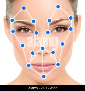 Asiatische Frau Porträt biometrische Gesichtserkennung Software App-Technologie für Gesicht Identität Verifikation Identifikationskonzept. Blaue Punkte für den Scan Stockfoto