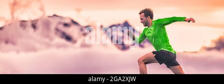 Running man Athlet Sport Active Lifestyle Banner Panorama. Trail Run männlichen Läufer in Sonnenuntergang Natur Landschaft Hintergrund. Stockfoto