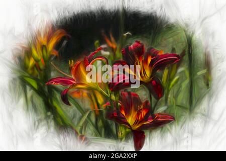 Taglilien (Hemerocallis) 'Joey Langdon, New York Botanical Garden. Digitalisiert aus Film; Bronx, New York, Vereinigte Staaten von Amerika Stockfoto