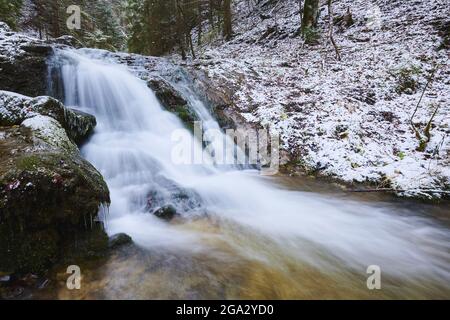 Schneebedeckter Wasserfall mit rauschender Kaskade bei Janosikove Diery im Winter; kleine Fatra, Karpaten, Terchova, Slowakei Stockfoto