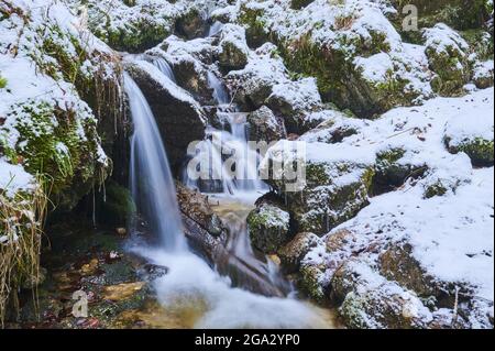 Nahaufnahme eines kleinen, schneebedeckten Wasserfalls bei Janosikove Diery im Winter; kleine Fatra, Karpaten, Terchova, Slowakei Stockfoto