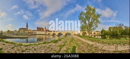 Blick über die Donau mit der alten Steinbrücke aus dem 12. Jahrhundert in der Ferne und dem gotischen Petersdom vom Marc​-Aurel-Shor... Stockfoto