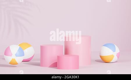 Rosa Podien oder Sockel für Produkte oder Werbung auf tropischem Hintergrund mit Strandbällen, 3d-Rendering Stockfoto