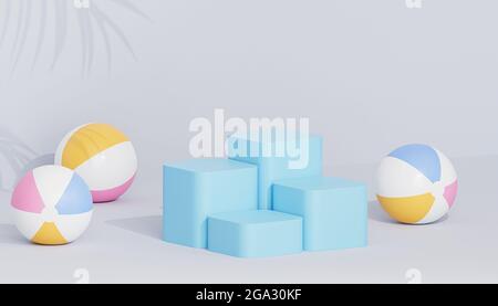 Blaue Podien oder Sockel für Produkte oder Werbung auf tropischem Hintergrund mit Strandbällen, 3d-Rendering Stockfoto