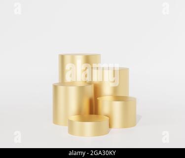 Goldene Podien oder Sockel für Produkte oder Werbung auf weißem Hintergrund, 3d-Rendering Stockfoto