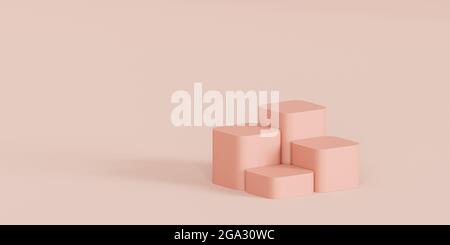 Beigefarbene Podien oder Podeste für Produkte werden auf minimalem Hintergrund angezeigt oder angezeigt, 3D-Rendering Stockfoto