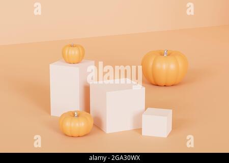 Podien oder Podeste mit Kürbissen für Produkte, die auf orangefarbenem Hintergrund für Herbstferien angezeigt werden oder Werbung machen, 3D-Rendering Stockfoto