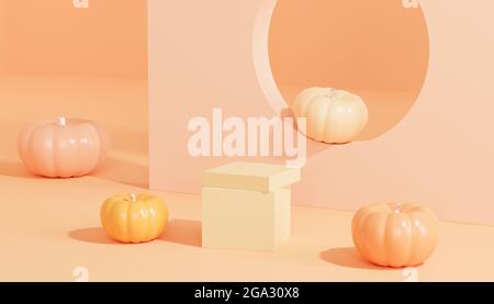 Podium oder Podest mit Kürbissen für Produktanzeige oder Werbung für Herbstferien auf orangefarbenem Hintergrund, 3d-Rendering Stockfoto