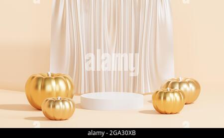 Podium oder Podest mit goldenen Kürbissen für Produktdisplay oder Werbung für Herbstferien, 3d-Rendering Stockfoto