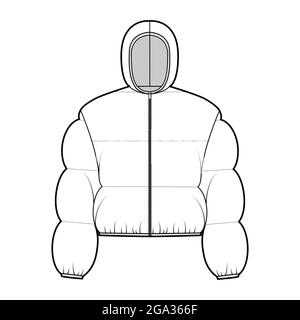 Kapuzenjacke Daunenmantel technische Mode-Illustration mit langen Ärmeln, Reißverschluss, kastenförmige Passform, Länge, weite Steppung. Flache Schablone vorne, weiß. Frauen, Männer top CAD Stock Vektor