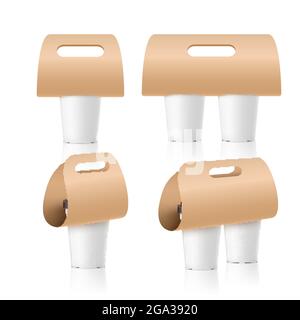 Papierdesign für Kaffeetassenhalter. Modell mit Getränkehandel. Papp-Kaffeetassenhalter zum Mitnehmen Stock Vektor