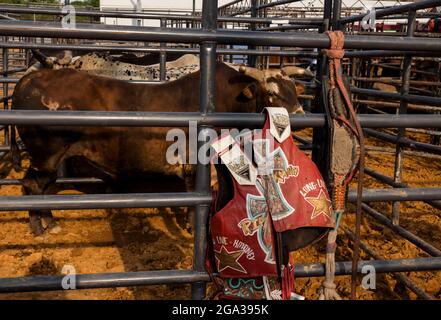 3. Juli 2021; Bloomington, Indiana: Die Schutzweste eines Rodeo-Reiters hängt am Fechten um den Bullenstift 3 Bar J Rodeo, 2. Juli auf der Monroe County Fair. Das Rodeo zeigte Bullenreiten. Stockfoto