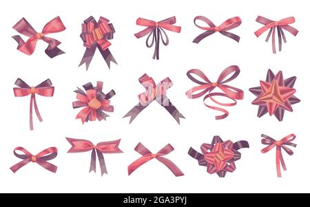 Sammlung von Vektor-Illustrationen verschiedener Bögen und Bänder, isolierte bunte Elemente mit einfachen Schattierungen und Beleuchtung auf weißem Hintergrund. Stock Vektor