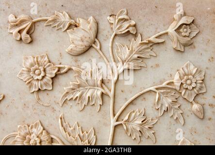 Taj Mahal, Detail der Marmorwand, das Beste der indischen historischen Sehenswürdigkeiten, UNESCO Stockfoto